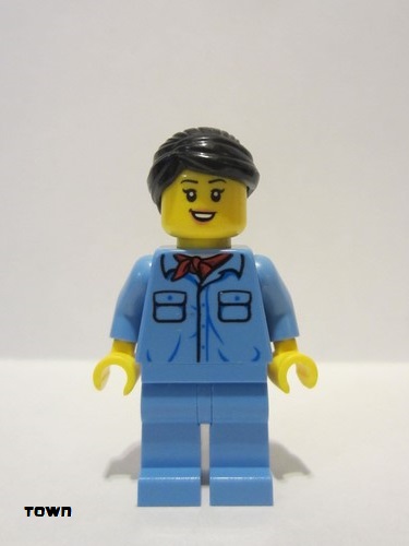 lego 2020 mini figurine trn253 Train Worker Female, Black Hair, Medium Blue Shirt with Red Bandana, Medium Blue Legs 