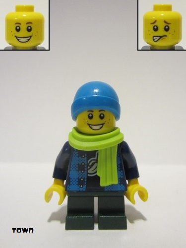 lego 2020 mini figurine twn383 Child Boy Dark Azure Beanie, Lime Scarf, Banana Shirt, Dark Green Legs Bonnet Azure foncé, écharpe citron vert, chemise banane, jambes vert foncé