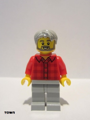 lego 2020 mini figurine twn387 Citizen Male, Light Bluish Gray Hair, Dark Bluish Gray Beard, Red Flannel Shirt, Light Bluish Gray Legs Mâle, cheveux gris bleuté clair, barbe gris bleuté foncé, chemise en flanelle rouge, jambes gris bleuté clair