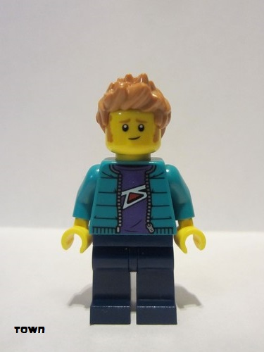 lego 2020 mini figurine twn390 Man With Purple Shirt, Dark Turquoise Jacket, Dark Blue Legs and Medium Nougat Hair 