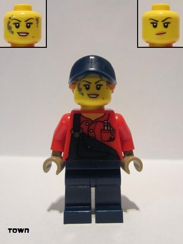 lego 2020 mini figurine twn395 Mechanic Female,  with Dark Blue Overalls and Legs, Dark Orange Ponytail with Dark Blue Ball Cap 