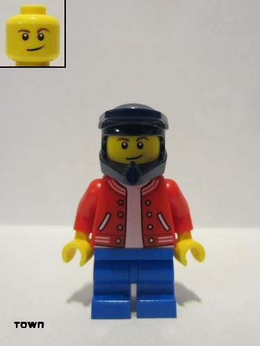 lego 2021 mini figurine cty1229 BMX Rider Male, Red Jacket, Blue Medium Legs, Dark Blue Dirt Bike Helmet 