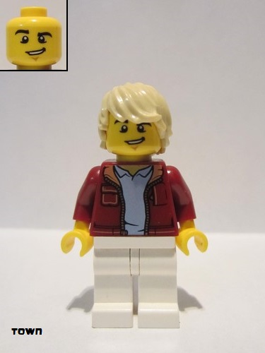 lego 2021 mini figurine cty1236 Car Driver Male, Dark Red Jacket with Light Bluish Gray Shirt, White Legs, Tan Tousled Hair 