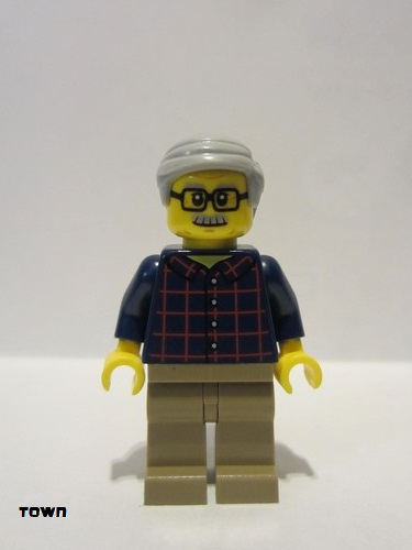 lego 2021 mini figurine cty1270 Man Dark Blue Plaid Button Shirt, Dark Tan Legs, Light Bluish Gray Hair 