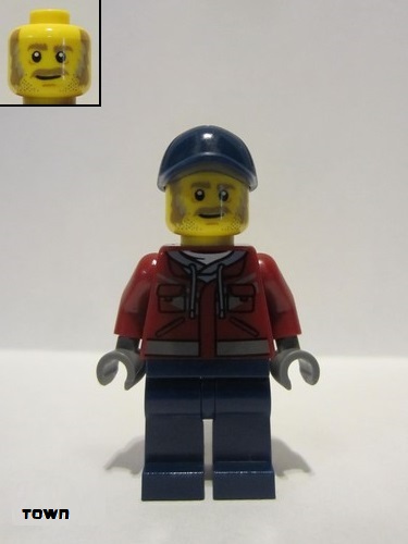 lego 2021 mini figurine cty1284 Truck Driver Male, Dark Red Hooded Sweatshirt, Dark Blue Legs, Dark Blue Cap 
