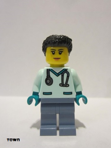 lego 2021 mini figurine cty1297 Wildlife Rescue Veterinarian Female, Light Aqua Scrubs, Sand Blue Legs, Black Hair 