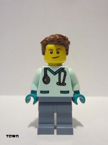 lego 2021 mini figurine cty1304 Wildlife Rescue Veterinarian Male, Light Aqua Scrubs, Sand Blue Legs, Reddish Brown Hair 