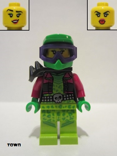 lego 2021 mini figurine cty1328 Stuntz Driver Wheelie Stunt, Bright Green Dirtbike Helmet, Lime Legs, Shoulder Spikes 