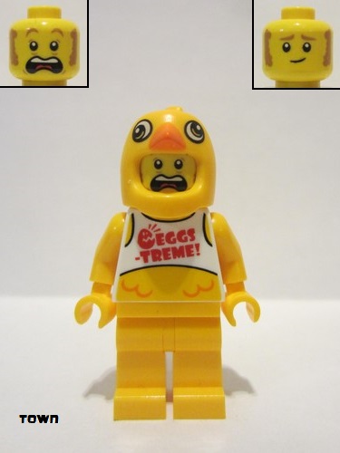 lego 2021 mini figurine cty1398 Stuntz Driver Bright Light Orange Chicken Head Helmet, White Tank Top with 'EGGS-TREME!', Bright Light Orange Legs 