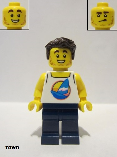 lego 2021 mini figurine twn407 Surfer Male, White Tank Top with Dark Azure Windsurf, Dark Blue Legs, Dark Brown Hair 