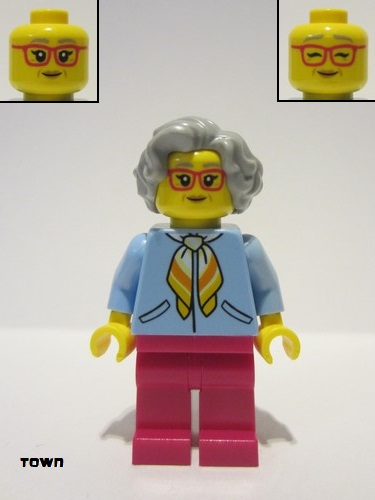 lego 2022 mini figurine cty1342 Woman Bright Light Blue Jacket, Magenta Legs, Light Bluish Gray Hair, Magenta Glasses 