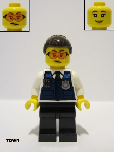 lego 2022 mini figurine cty1365 Police - Officer Gracie Goodhart, Dark Blue Vest, Black Pants, Orange Goggles, and Dark Brown Hair with Bun. 