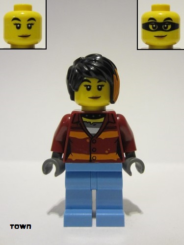 lego 2022 mini figurine cty1379 Police Crook Female - Daisy Kaboom Dark Red Torso with Orange Stripes. and Bright Light Blue Legs 