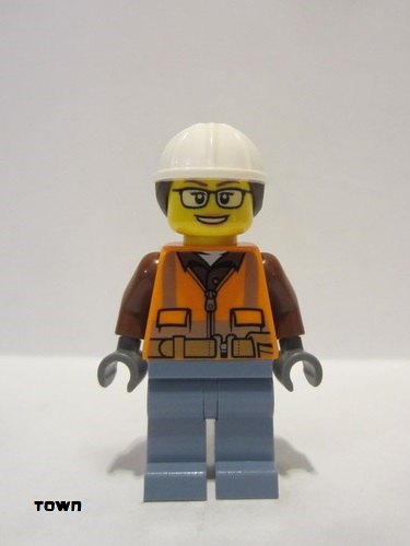 lego 2022 mini figurine cty1405 Construction Worker Female, Orange Safety Vest, Reflective Stripes, Reddish Brown Shirt, Sand Blue Legs, White Construction Helmet with Dark Brown Hair, Glasses 