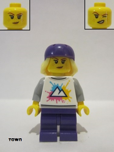 lego 2022 mini figurine cty1450 Electric Scooter Rider White Shirt with Mountains, Dark Purple Medium Legs, Freckles, Dark Purple Helmet, Bright Light 