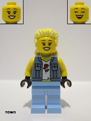 lego 2022 mini figurine cty1453 Stuntz Spectator Bright Light Yellow Mullet, Sand Blue Vest over Rose Shirt, Bright Light Blue Legs 