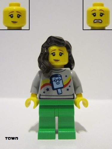 lego 2022 mini figurine cty1454 Stuntz Spectator Dark Brown Hair, Popsicle Shirt, Bright Green Legs 