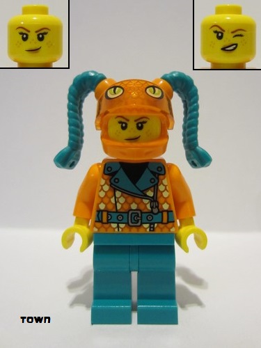 lego 2022 mini figurine cty1456 Stuntz Driver Orange Helmet with Tassels, Snake Visor, Orange Coat with Scales, Dark Turquoise Legs 