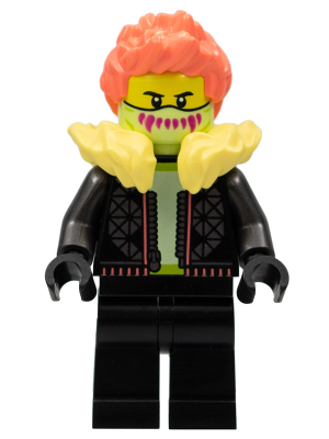 lego 2022 mini figurine cty1457 Stuntz Driver Coral Hair, Yellowish Green Mask, Bright Light Yellow Fur Lined Black Jacket, Black Legs 