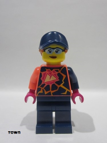 lego 2022 mini figurine cty1458 Stuntz Crew Female, Dark Blue Cap, Coral Shirt with Sports Logo, Dark Blue Legs 