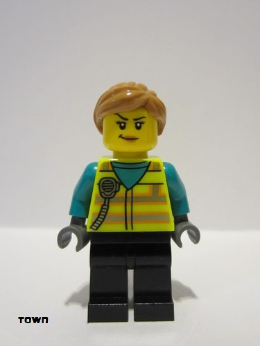 lego 2022 mini figurine cty1464 Train Driver Female, Neon Yellow Safety Vest, Black Legs, Medium Nougat Hair 