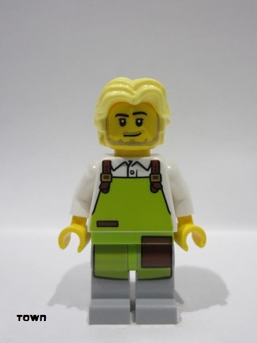 lego 2022 mini figurine cty1494 Cyclist Male, White Shirt, Lime Apron, Bright Light Yellow Hair 