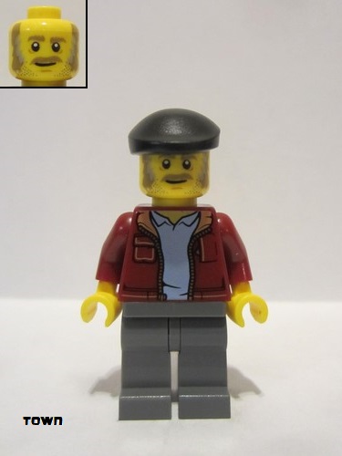 lego 2022 mini figurine twn424 Man Dark Red Jacket with Bright Light Blue Shirt, Dark Bluish Gray Legs, Black Beret, Moustache and Sideburns (Vintage Taxi Driver) 