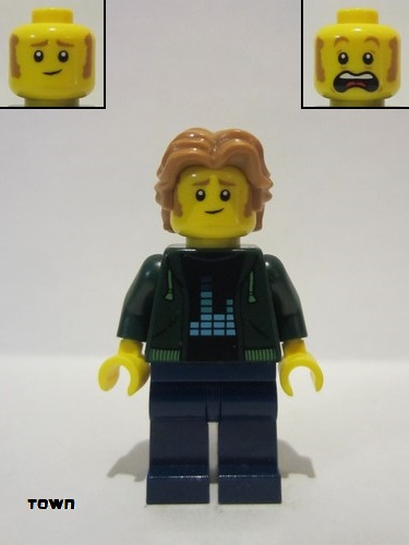 lego 2022 mini figurine twn441 Man Dark Green Hoodie with Bright Green Drawstrings, Dark Blue Legs, Medium Nougat Wavy Hair 