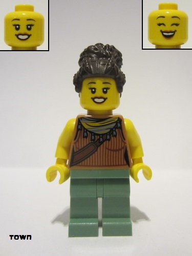 lego 2022 mini figurine twn442 Woman Medium Nougat Tank Top with Reddish Brown Ribbing and Should Bag, Sand Green Legs, Dark Brown Coiled Hair in High Bun 