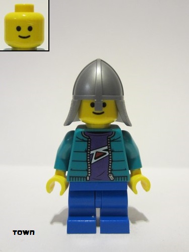 lego 2022 mini figurine twn449 Child Dark Turquoise Jacket, Dark Purple Shirt, Blue Medium Legs, Flat Silver Helmet 