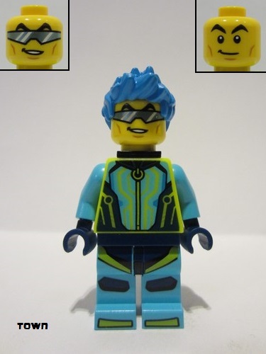 lego 2023 mini figurine cty1527 Stuntz Driver Dark Azure Spiky Hair, Medium Azure and Neon Yellow Jumpsuit, Neck Bracket 