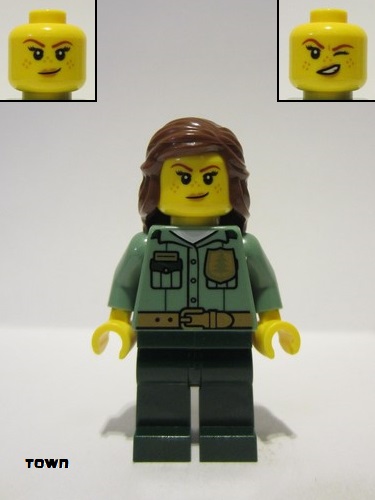 lego 2023 mini figurine cty1528 Park Ranger Female, Sand Green Shirt, Dark Green Legs, Reddish Brown Hair 