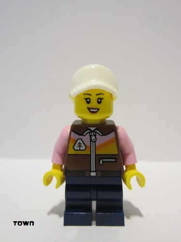 lego 2023 mini figurine cty1529 Dirt Bike Rider Female, White Cap, Bright Light Yellow Ponytail, Reddish Brown Jacket, Dark Blue Medium Legs 