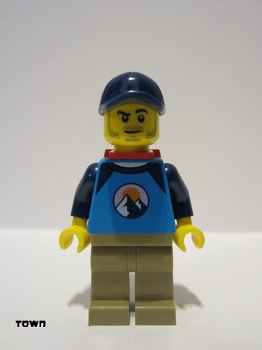 lego 2023 mini figurine cty1530 Dirt Bike Rider Male, Dark Blue Cap, Dark Azure and Dark Blue Shirt, Dark Tan Legs, Red Backpack 