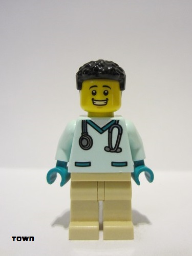 lego 2023 mini figurine cty1533 Veterinarian Male, Light Aqua Scrubs, Tan Legs, Black Hair 