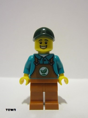 lego 2023 mini figurine cty1535 Gardener Male, Dark Orange Overalls over Dark Turquoise Shirt, Dark Orange Legs, Dark Green Cap 