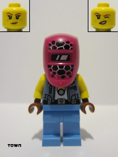 lego 2023 mini figurine cty1539 Mechanic Female, Sand Blue Vest, Medium Blue Legs, Black Helmet, Magenta Welding Visor 