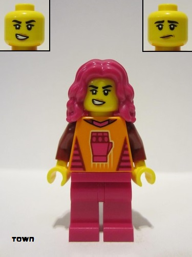 lego 2023 mini figurine cty1540 Gaming Tournament Participant Female, Orange T-Shirt with Fist, Magenta Legs, Magenta Hair 