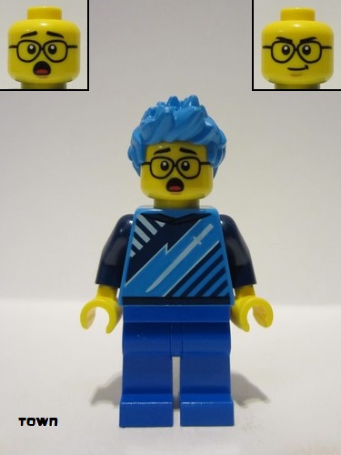 lego 2023 mini figurine cty1541 Gaming Tournament Participant Male, Dark Azure T-Shirt with Sword, Blue Legs, Dark Azure Hair 