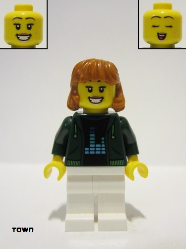 lego 2023 mini figurine cty1542 Gaming Tournament Spectator Female, Dark Green Hoodie with Bright Green Drawstrings, White Legs, Dark Orange Hair 