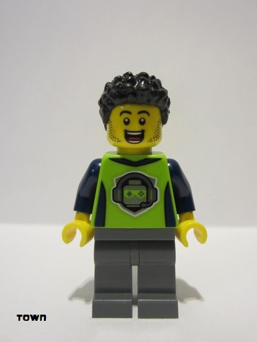 lego 2023 mini figurine cty1543 Gaming Tournament Announcer Male, Lime T-Shirt with Gaming Logo, Dark Bluish Gray Legs, Black Hair 