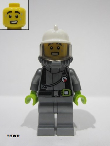 lego 2023 mini figurine cty1546 Fire Male, Flat Silver Suit, White Fire Helmet, Trans-Black Visor, Breathing Neck Gear with Blue Air Tanks 