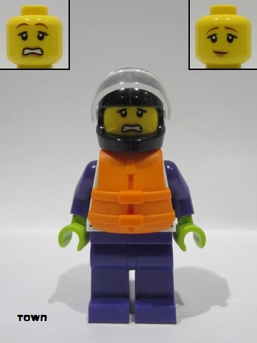 lego 2023 mini figurine cty1550 Speedboat Raft Driver Female, White Jacket with Dolphin, Dark Purple Legs, Black Helmet, Trans-Clear Visor, Orange Life Jacket 