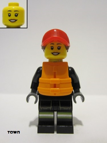 lego 2023 mini figurine cty1551 Fire Female, Reflective Stripes with Utility Belt and Flashlight, Red Cap with Reddish Brown Ponytail, Orange Life Jacket 