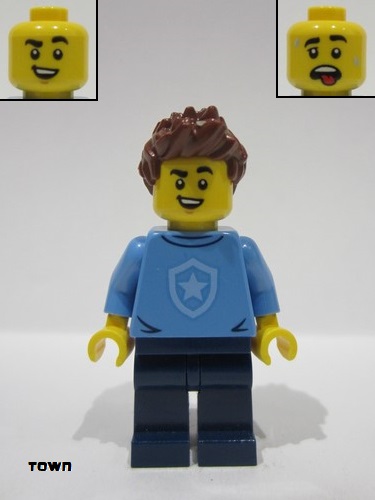 lego 2023 mini figurine cty1561 Police - City Officer In Training Male, Medium Blue Shirt with Badge, Dark Blue Legs, Reddish Brown Hair, Open Smile 