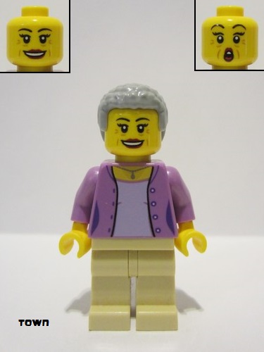 lego 2023 mini figurine cty1568 Woman Medium Lavender Jacket over Lavender Shirt, Tan Legs, Light Bluish Gray Hair 