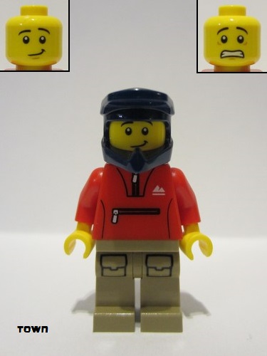 lego 2023 mini figurine cty1571 Mountain Bike Cyclist Male, Red Tracksuit, Dark Tan Legs with Pockets, Dark Blue Dirt Bike Helmet, Lopsided Smile 