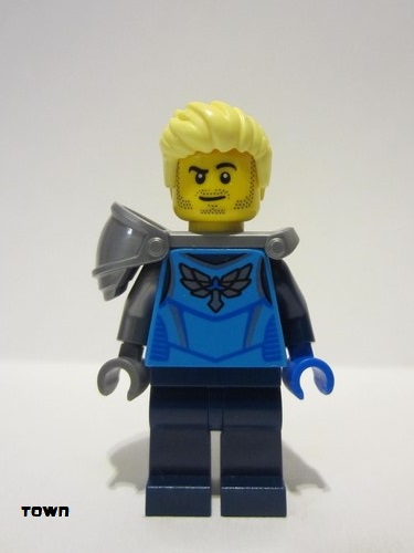 lego 2023 mini figurine cty1576 Stuntz Driver Male, Dark Azure Racing Shirt with Silver Wings Logo, Dark Blue Legs, Flat Silver Shoulder Armor, Bright Light Yellow Hair, Stubble 