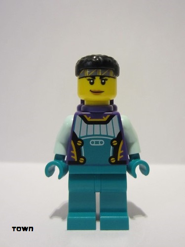 lego 2023 mini figurine cty1579 Stuntz Driver Female, Dark Purple and Dark Turquoise Racing Suit with Light Aqua Arms, Dark Purple Air Tanks, Black Short Hair 