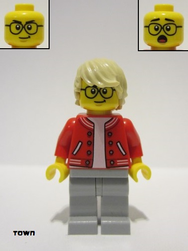 lego 2023 mini figurine cty1581 Stuntz Photographer Male, Red Jacket over White Shirt, Light Bluish Gray Legs, Tan Hair, Glasses 